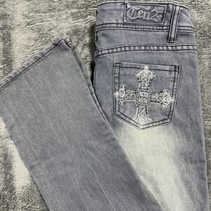 Ten25 Bootcut Jeans Womens‎ 7/8 Grey Rhinestone Cross Embellished Y2K Low Rise